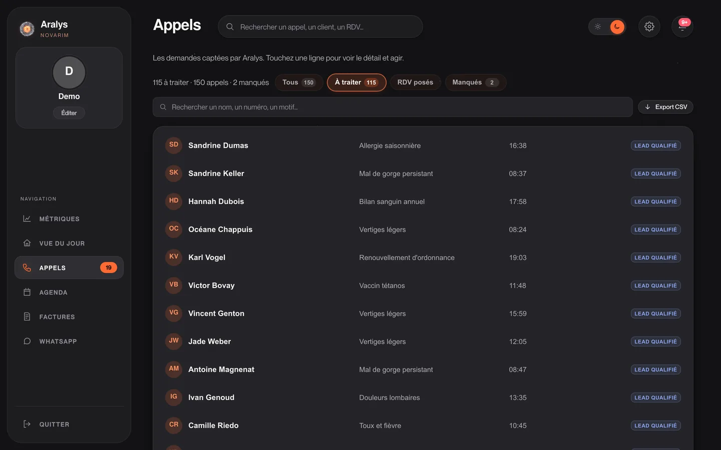 Appels — Chaque appel capté, qualifié, prêt à traiter.