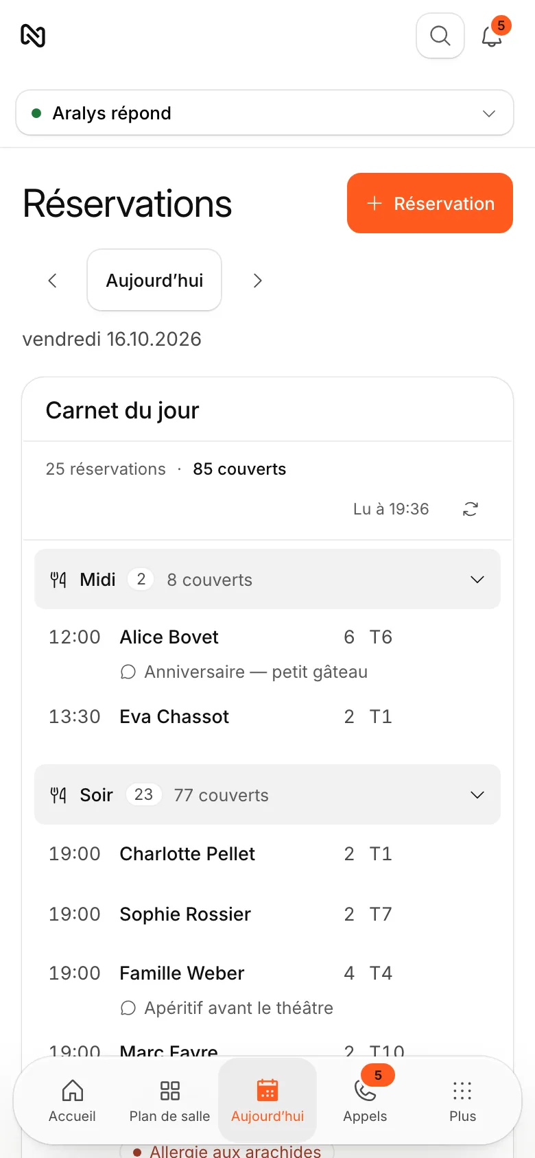 Carnet des réservations de ce soir sur téléphone