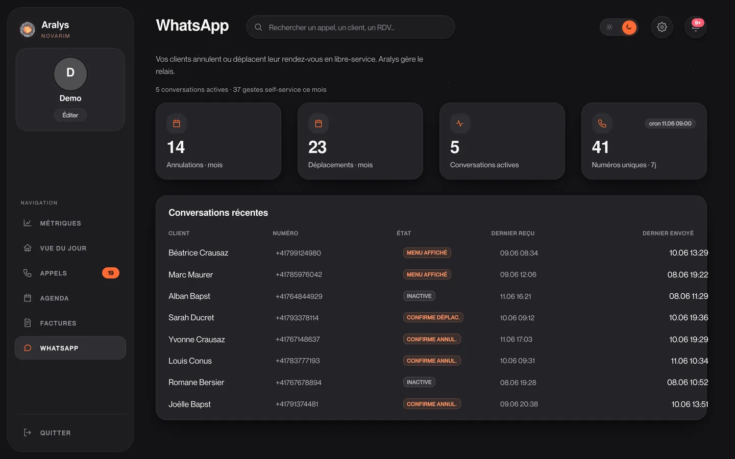 Libre-service — Vos clients annulent ou déplacent — Aralys gère.